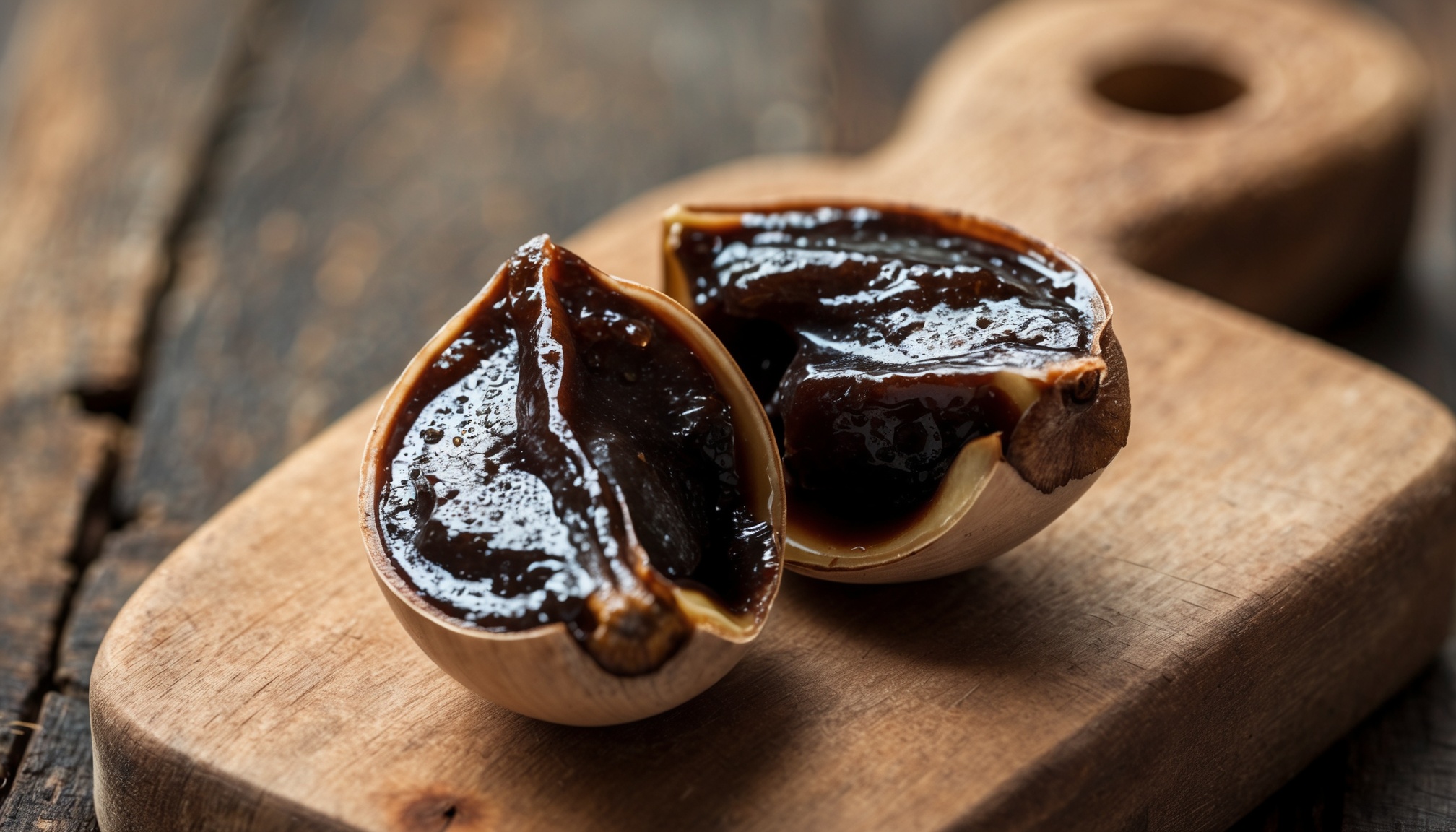 A halved black garlic clove showing its soft jammy interior