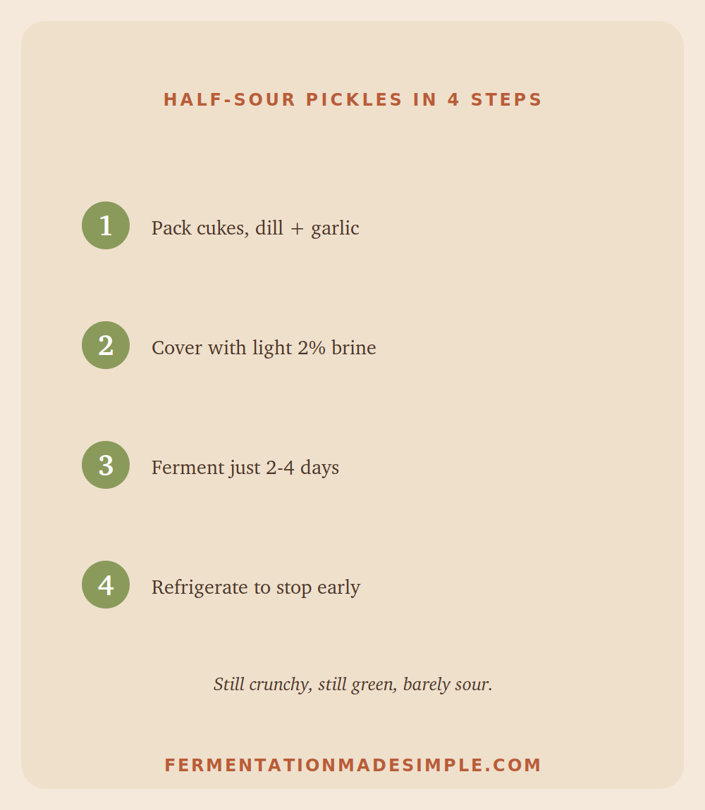 Half-sour pickles in 4 steps