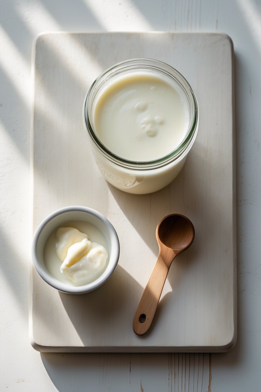 A jar of heavy cream, a small bowl of buttermilk and a wooden measuring spoon on a light wooden board