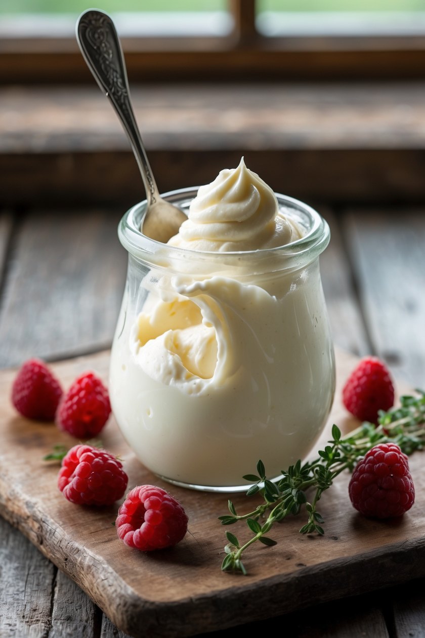 A glass jar of thick homemade crème fraîche with a spoon, raspberries and thyme on a wooden board
