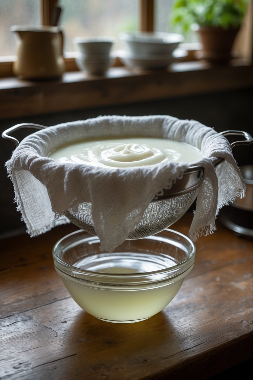 Plain yogurt draining through muslin cloth in a sieve over a glass bowl to make labneh