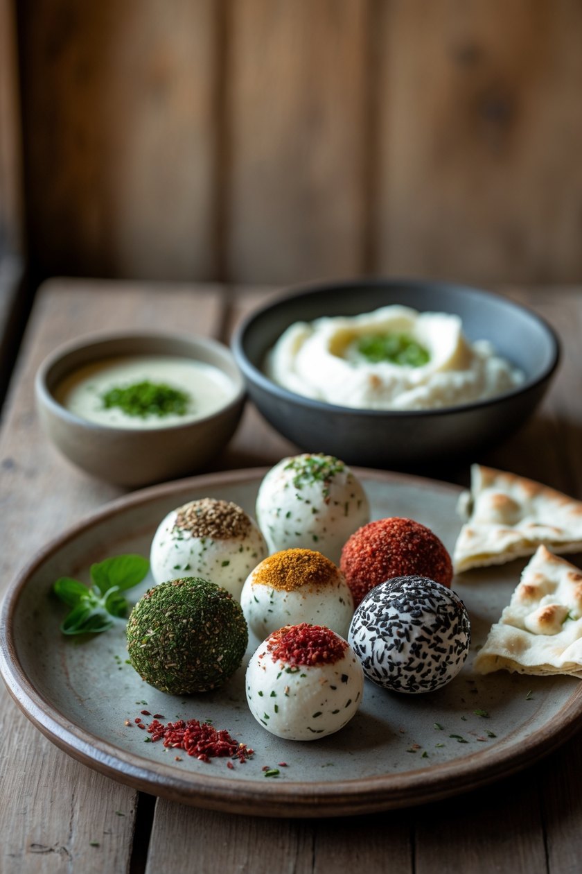 Labneh balls rolled in dried herbs, sumac and sesame seeds on a ceramic plate beside a bowl of labneh