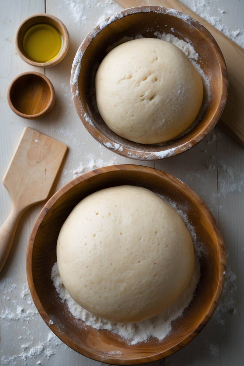 Two smooth sourdough pizza dough balls resting in floured wooden bowls with small air bubbles on the surface