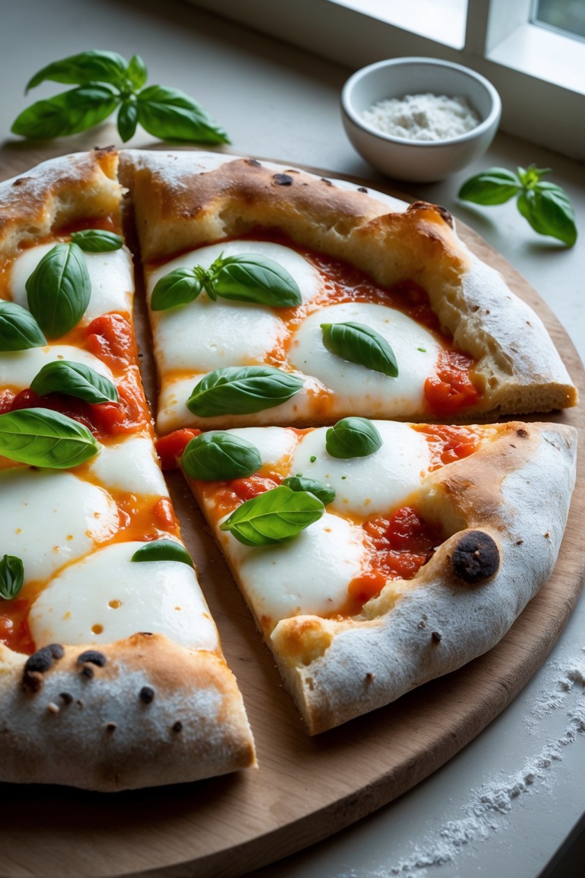 A sliced sourdough margherita pizza with a puffy golden crust, mozzarella and fresh basil on a wooden board