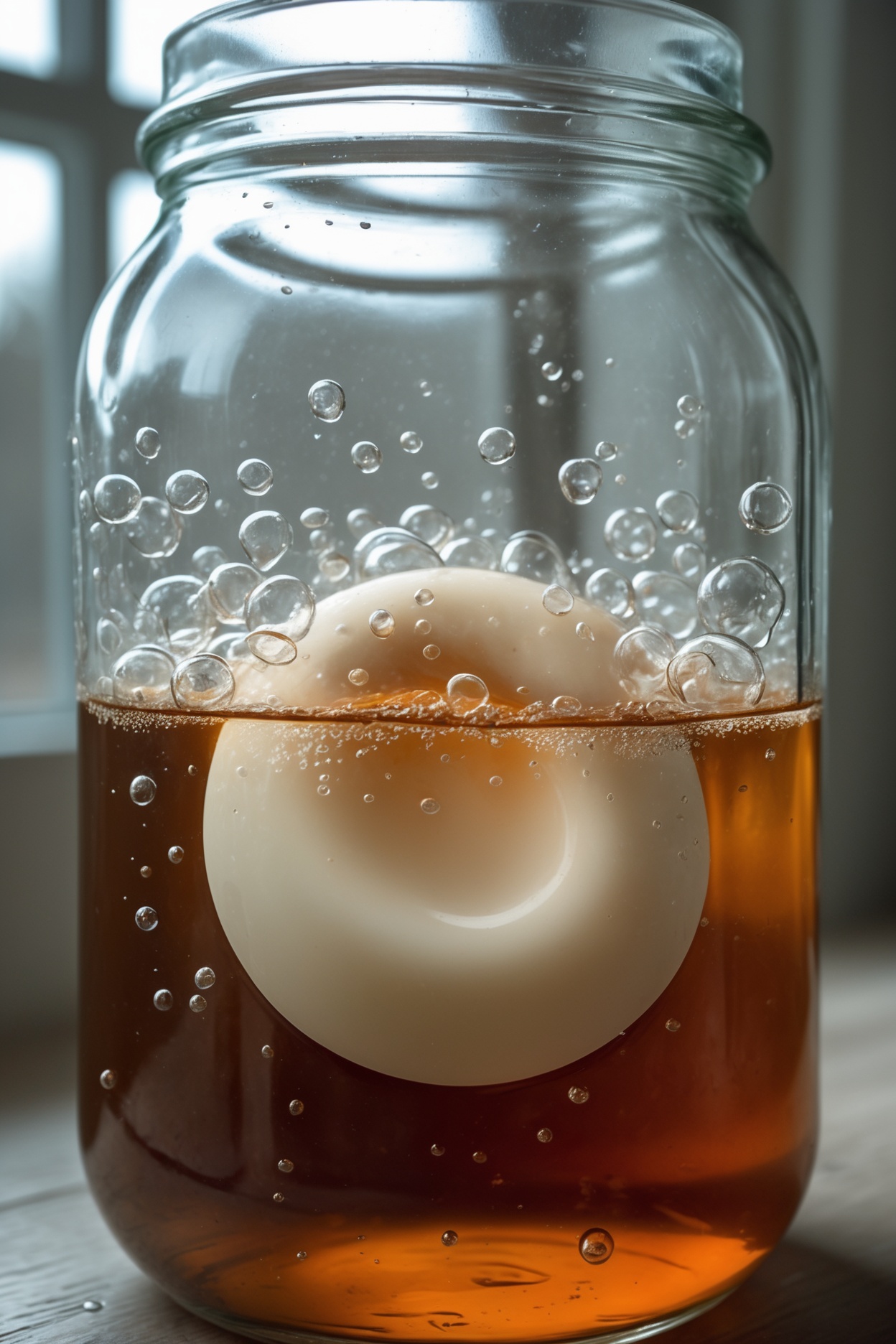 Close-up of carbon dioxide bubbles clinging to a kombucha SCOBY beneath the surface of the tea
