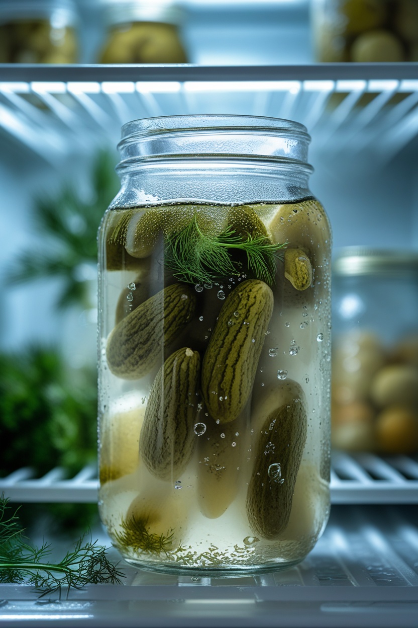 Jar of fermented dill pickles submerged in brine on a refrigerator shelf