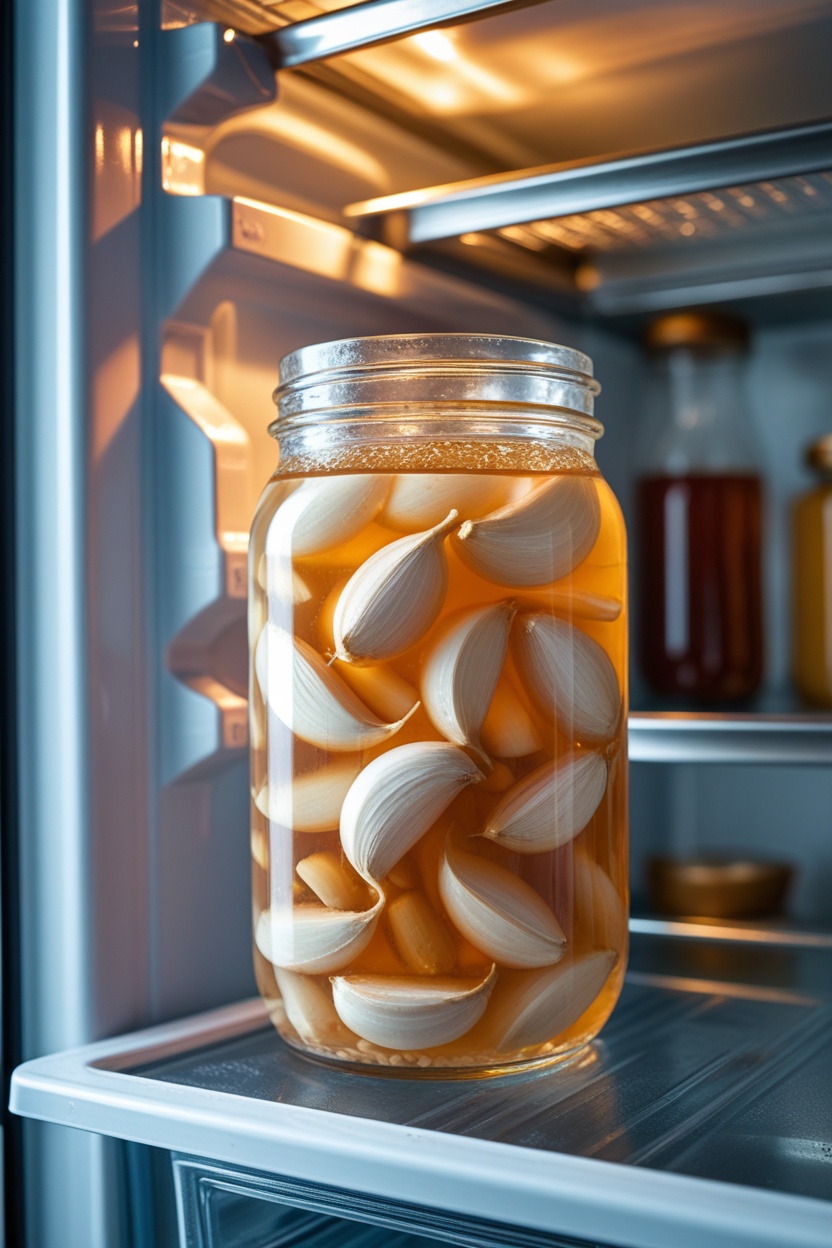 Jar of fermented garlic cloves submerged in brine on a refrigerator shelf
