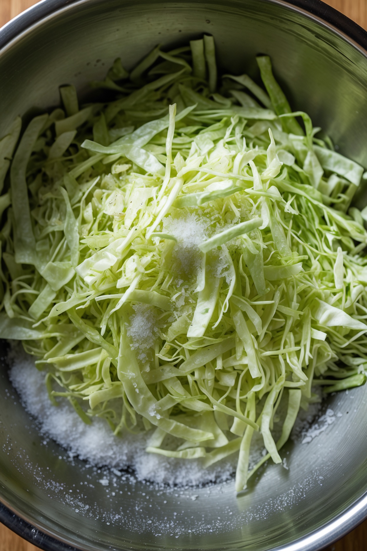 Freshly shredded cabbage mixed with pickling salt in a bowl, brine starting to pool, before packing into a fermentation crock