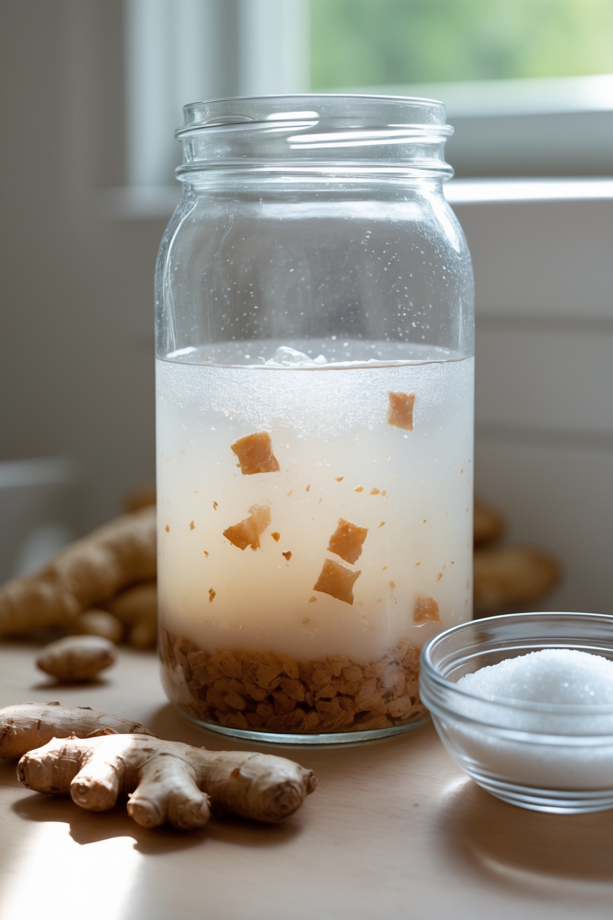 Ginger bug starter jar on the counter next to fresh ginger and a bowl of sugar