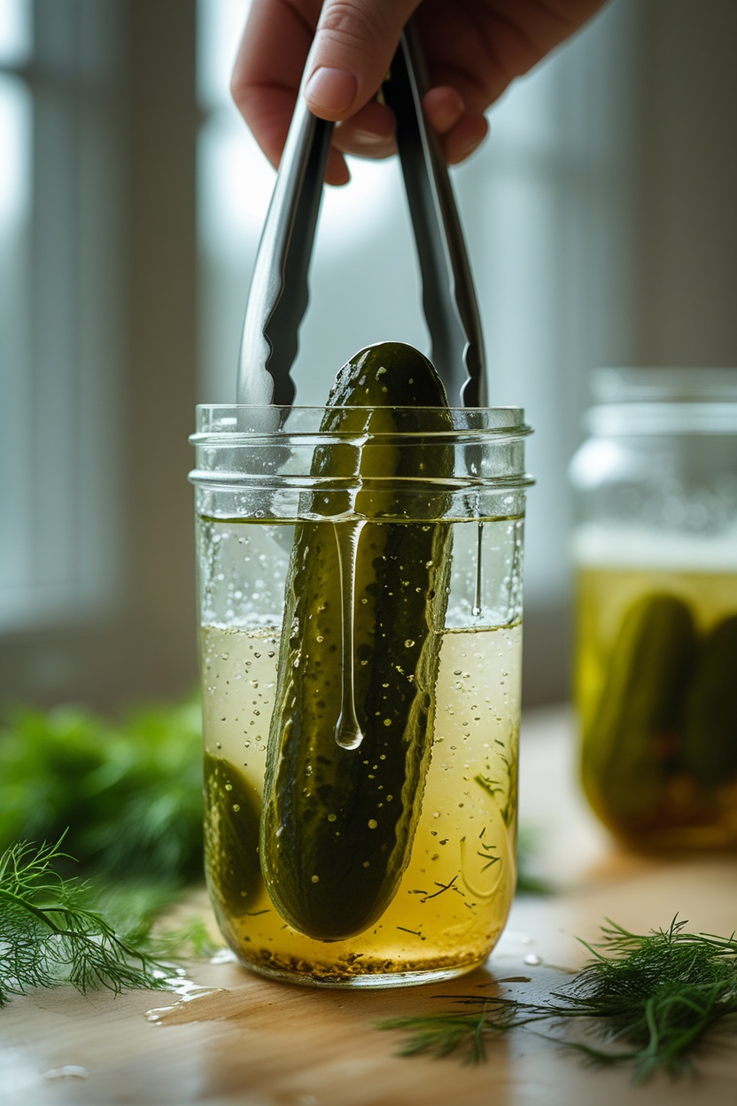 Lifting a fermented dill pickle out of the brine with tongs