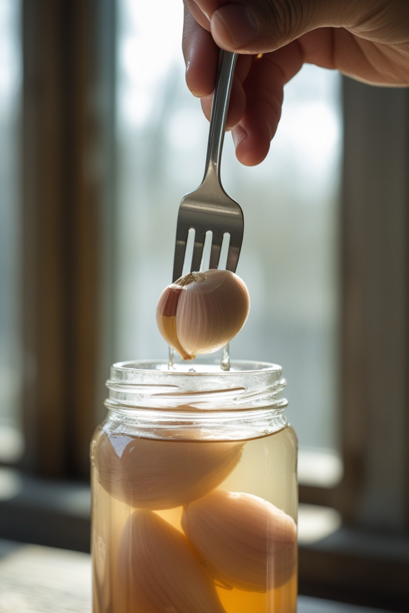 Hand lifting a fermented garlic clove out of brine with a fork
