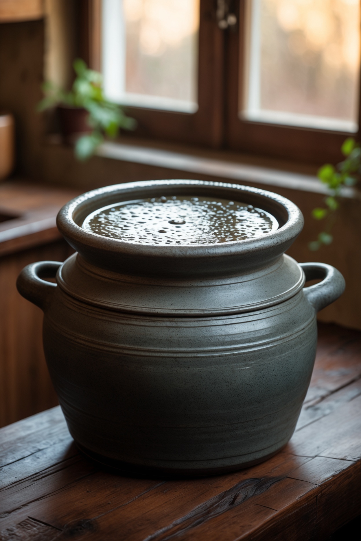 A traditional water-sealed fermentation crock, closed, with small bubbles visible in the water channel during active fermentation