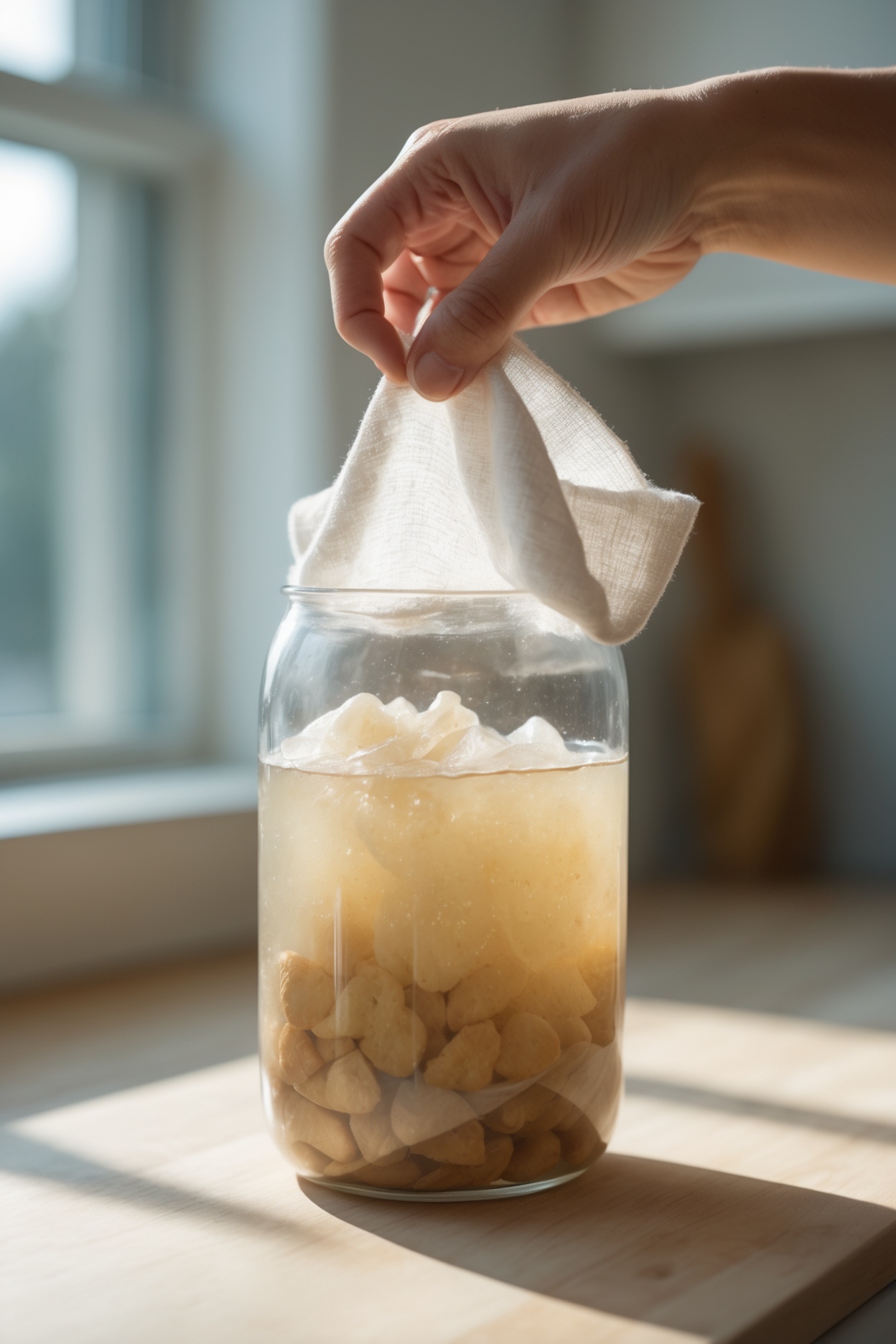 Lifting the cloth cover off a ginger bug jar to check for bubbles or mold