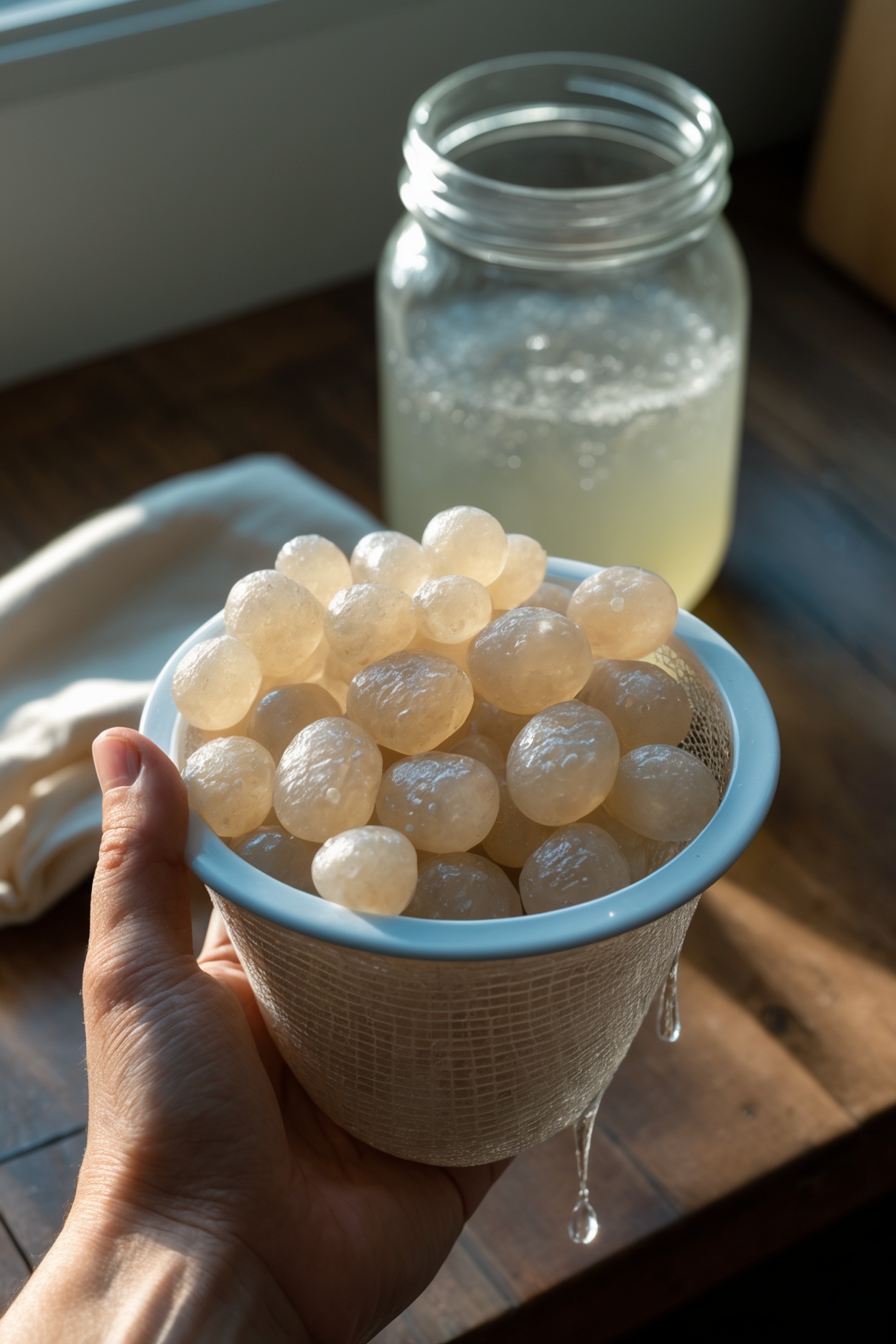 Hand holding a plastic strainer full of translucent water kefir grains over a jar of sugar water
