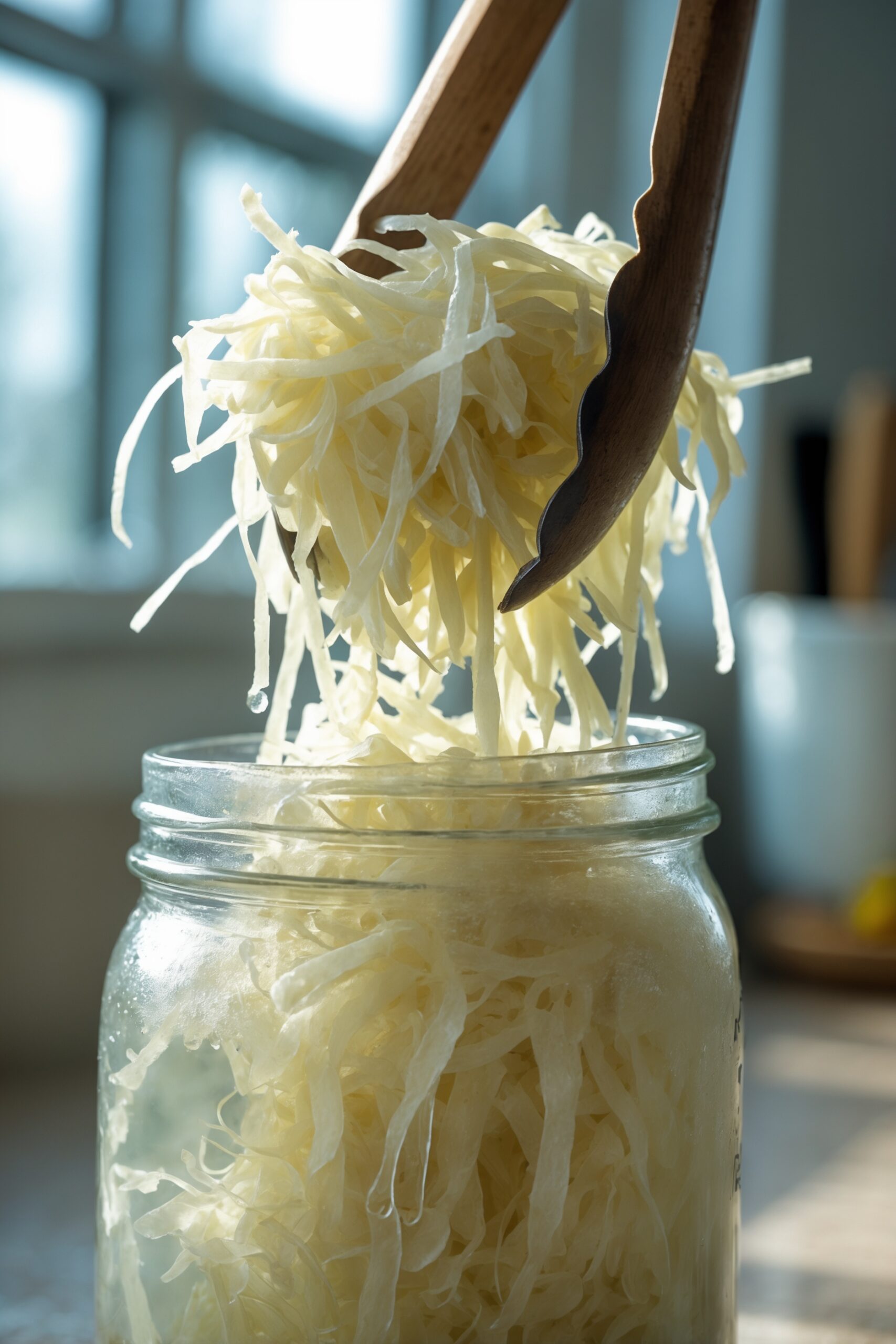 Soft sauerkraut shreds lifted out of the jar with tongs, drooping instead of holding shape