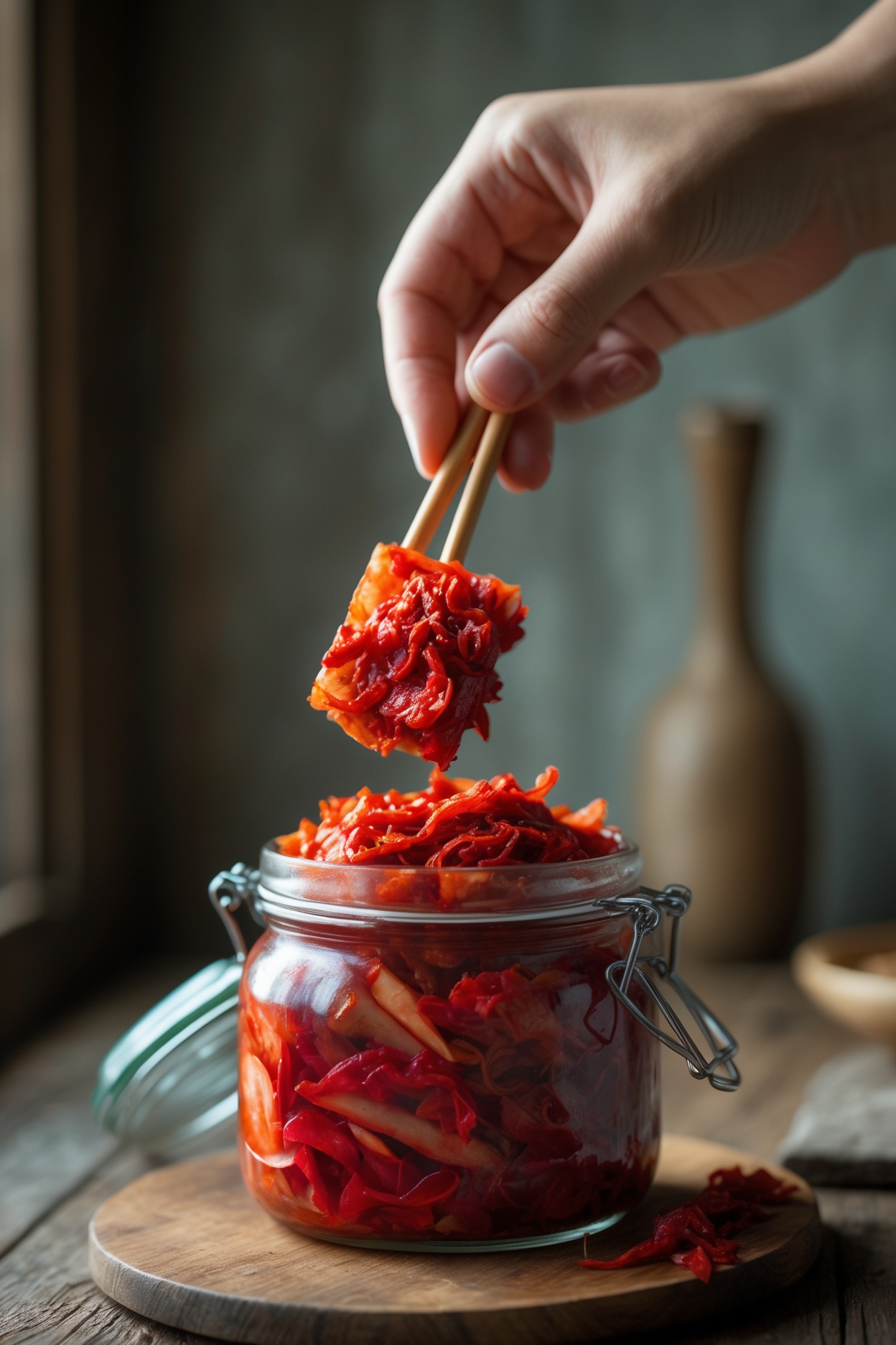 Lifting a piece of kimchi out of the jar with chopsticks to check fermentation