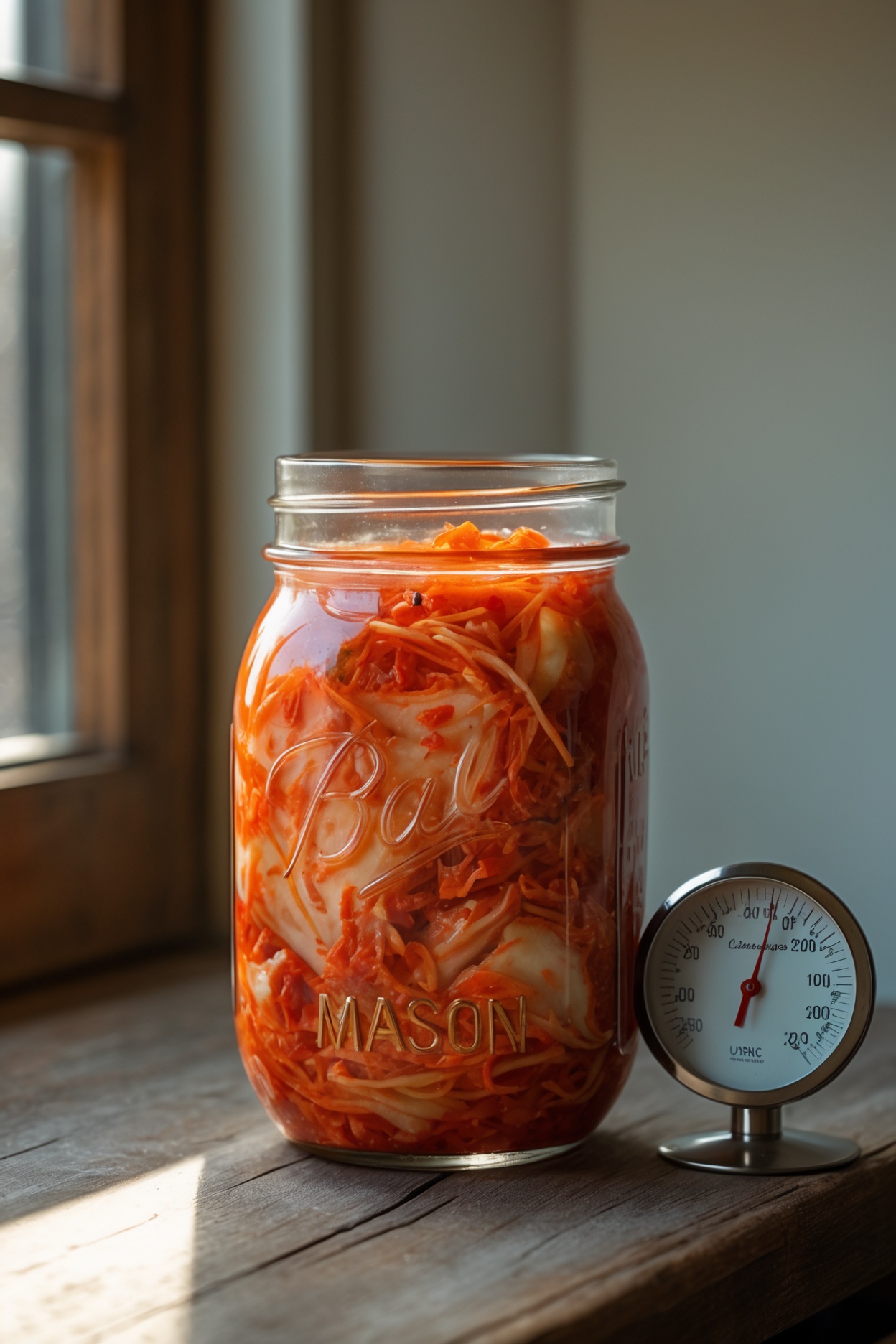 Kimchi jar next to a kitchen thermometer used to check fermentation temperature